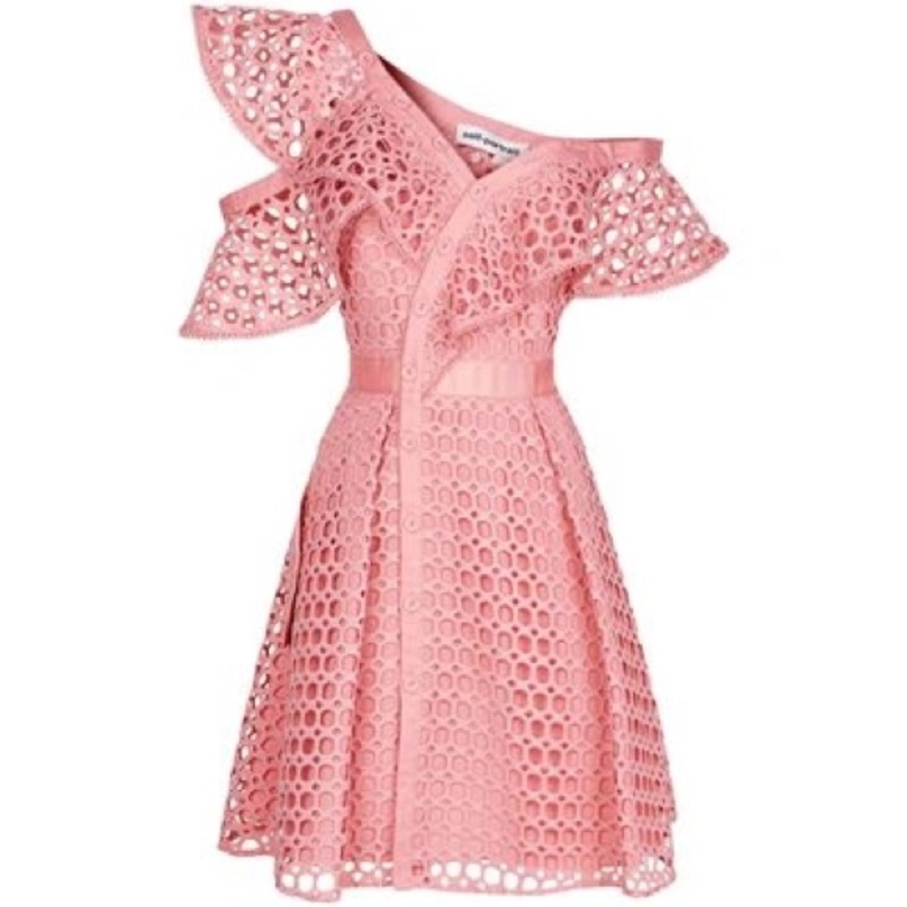 Self-Portrait Orange and Pink Asymmetrical Ruffled Mini Dress